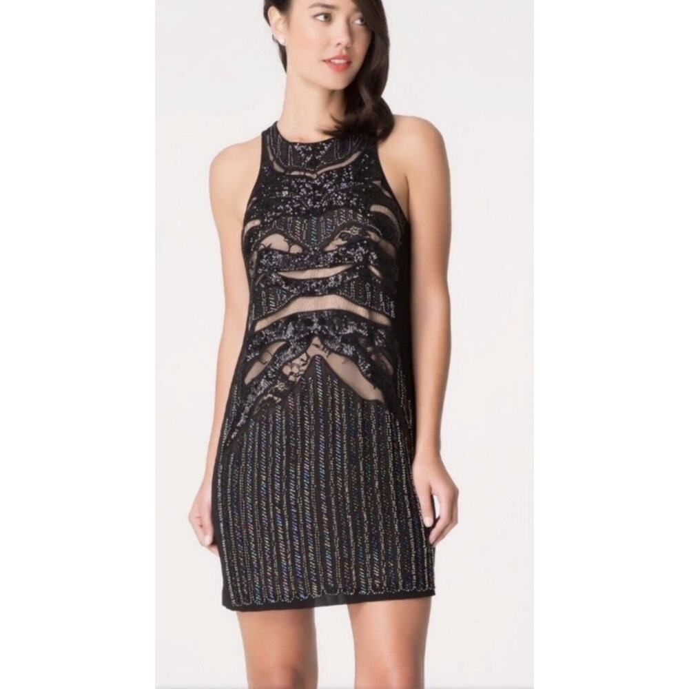 Bebe Black Beaded Mesh Sequin Shift Dress Small Whimsical Avant‎ Garde Art Deco